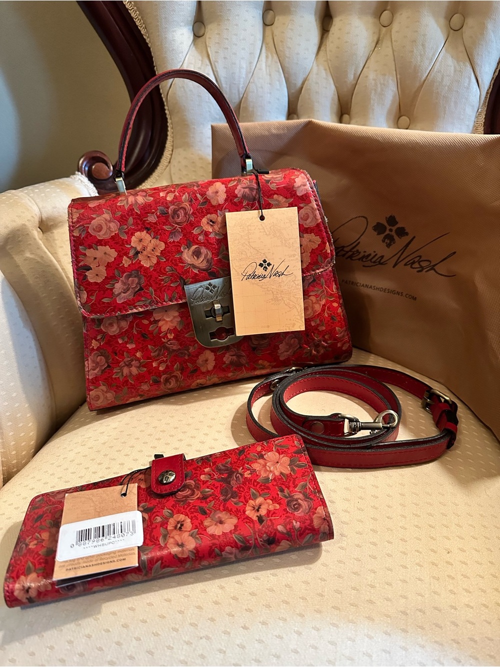 Patricia Nash Red Floral Top-Handle Crossbody with Matching Wallet